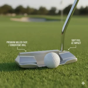 Detailed view of a premium milled face on a mallet putter for consistent roll and soft feel at impact.