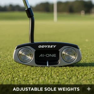 View of the sole of an Odyssey putter showing the adjustable weight ports for custom swing weight and feel.