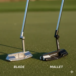 Comparison of an Odyssey blade putter and a high-MOI mallet putter to show different head shapes and forgiveness levels.
