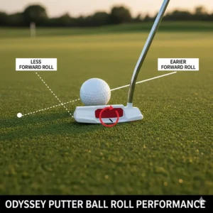 Performance graphic showing how Odyssey face technology reduces ball skidding and promotes an earlier forward roll.