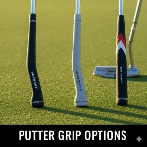 Different Odyssey putter grip options including standard pistol and oversized styles for various hand sizes.