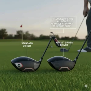 Close-up illustration of an offset driver face designed to help high-handicap golfers square the club at impact.