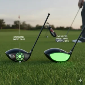 Comparison of a standard driver sweet spot versus an oversized sweet spot on a driver for beginners and high handicappers.