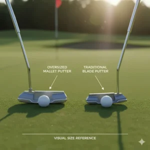 Side-by-side comparison of an oversized mallet putter versus a traditional blade for visual size reference.