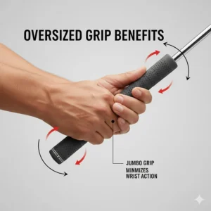 A golfer using an oversized putter grip to minimize wrist action and improve stroke consistency.