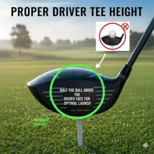 Simple graphic showing the correct ball position on a tee for a beginner's driver swing.