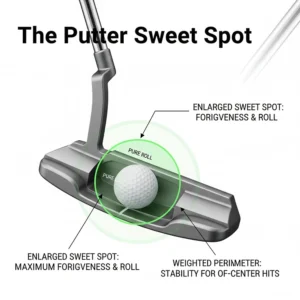 Graphic showing the enlarged sweet spot on beginner-friendly putters to minimize the impact of off-center hits.