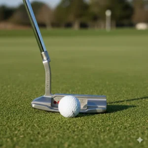 Close-up of a Scotty Cameron Newport 2 blade putter showing the classic plumbing neck and 303 stainless steel finish.