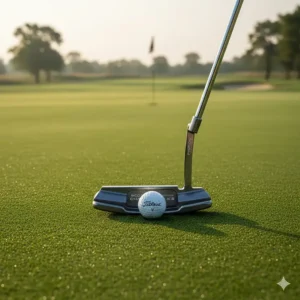Golfer's perspective of a Scotty Cameron putter behind a Titleist Pro V1 ball on a manicured green.