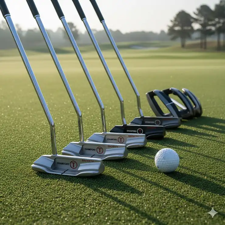 A premium lineup of Scotty Cameron putters including Newport blades and Phantom mallets on a putting green. scotty cameron putters review