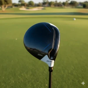 Top-down view of the TaylorMade Qi10 driver head at address showing the clean alignment and profile.