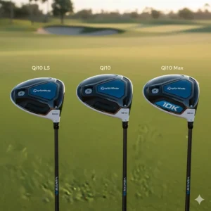 Side-by-side comparison of the TaylorMade Qi10, Qi10 LS, and Qi10 Max driver heads.