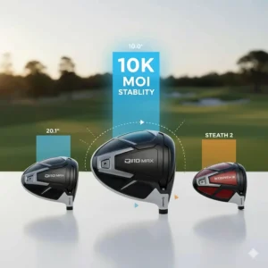Infographic illustrating the 10k MOI stability of the TaylorMade Qi10 Max driver vs previous Stealth models.