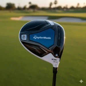 Detailed view of the TaylorMade Qi10 driver sole highlighting the aerodynamic shape and fixed back weight.