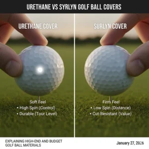 Diagram explaining the difference between urethane and surlyn covers on high-end and budget golf balls.