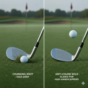 Illustration of an extra-wide wedge sole interacting with the turf to show how it prevents fat shots for high handicap players.