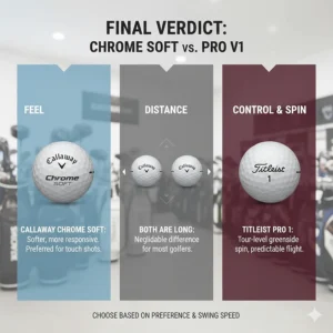 Summary graphic highlighting the winner for feel, distance, and control in the Chrome Soft vs Pro V1 debate.