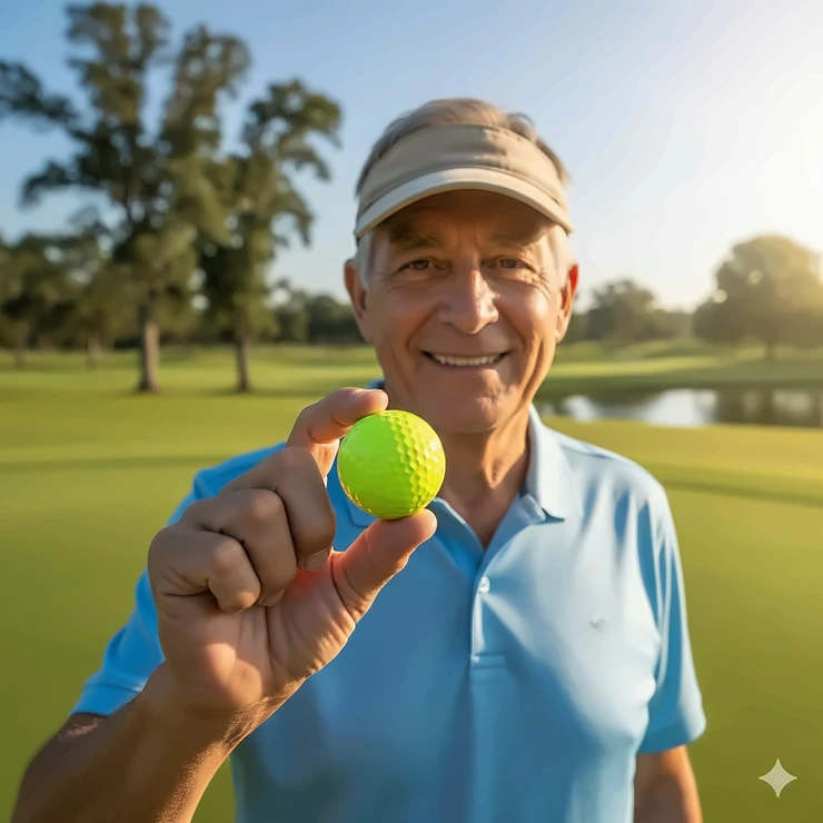 A senior male golfer smiling on a green while holding a high-visibility golf ball designed for slower swing speeds. golf balls for seniors