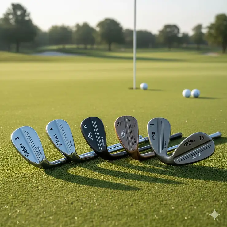 A collection of the best sand wedges for 2026 lined up on a golf green, featuring various finishes and clubhead shapes.