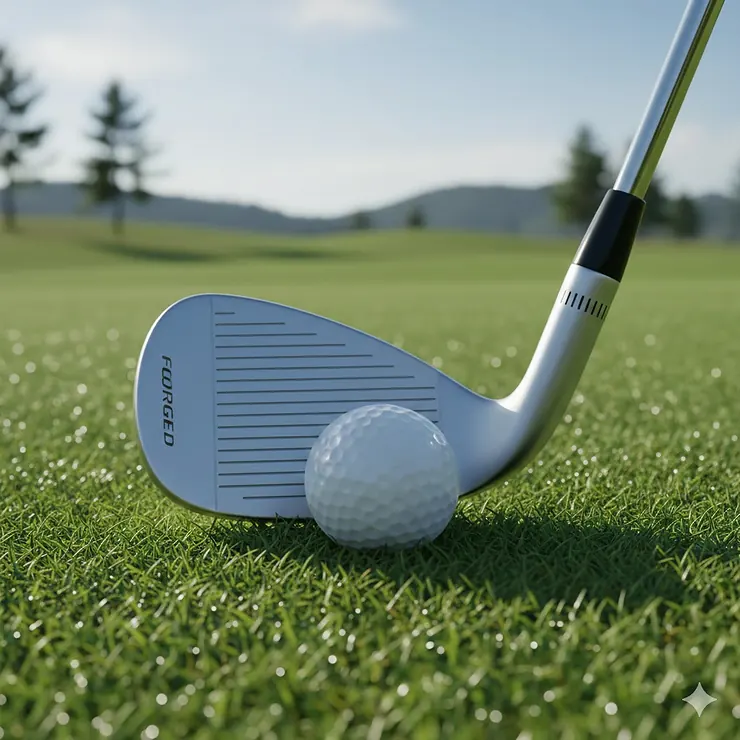 A high-quality sand wedge positioned behind a golf ball on a lush green fairway, representing the best wedges for beginners.