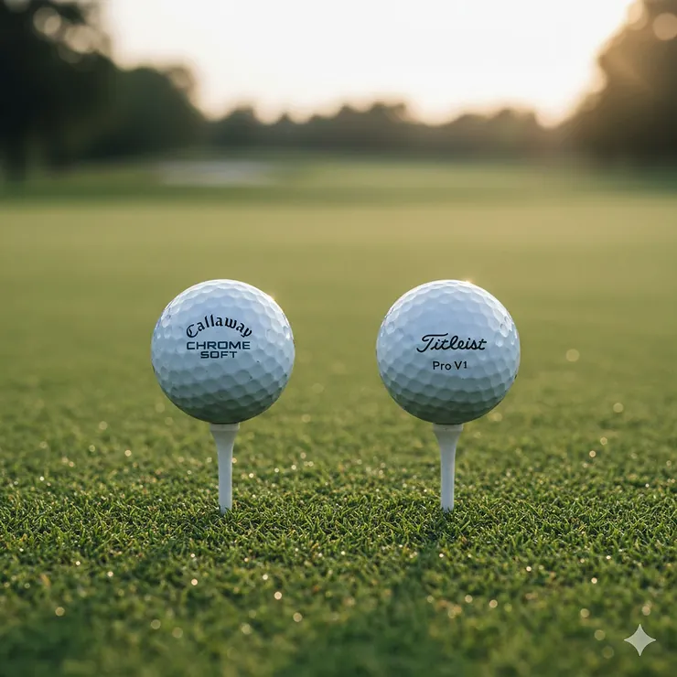 A side-by-side comparison of the Callaway Chrome Soft and Titleist Pro V1 golf balls on a professional green. callaway chrome soft vs titleist pro v1