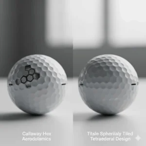 Macro view of Callaway’s Hex aerodynamics vs Titleist’s spherically tiled tetrahedral dimple design.