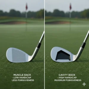 Comparison of a cavity back wedge and a muscle back wedge illustrating why cavity backs offer more help for beginners.