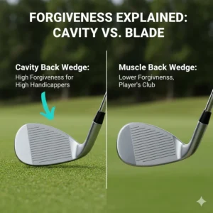 Side-by-side comparison of a cavity back wedge and a blade wedge highlighting forgiveness for high handicappers.