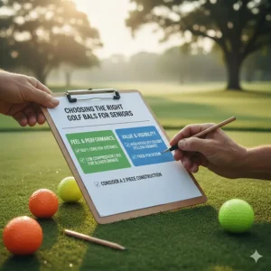 A checklist illustration for choosing the best value golf balls for seniors based on feel and price.