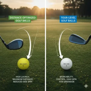 A side-by-side comparison of distance-optimized golf balls versus tour-level spin balls.