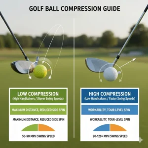 A chart comparing low compression vs. high compression golf balls for slower swing speeds.