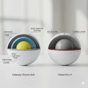 Cross-section diagram comparing the dual softfast core of Callaway Chrome Soft vs the solid core of Titleist Pro V1.