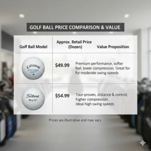 Table comparing the retail price and value proposition of Callaway Chrome Soft and Titleist Pro V1.
