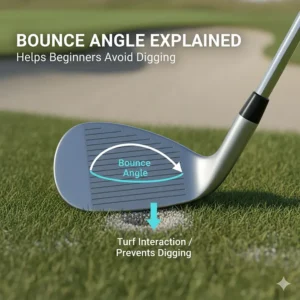 An illustration showing the bounce angle on a wedge sole and how it helps beginners avoid digging.