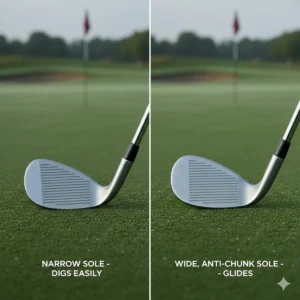 Side-by-side comparison of a thin blade wedge sole versus a wide sole wedge designed for high handicap golfers to prevent digging.