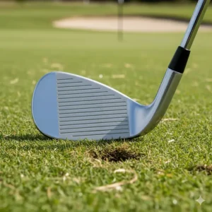 Close-up of a high bounce sand wedge sole designed for soft sand and lush turf conditions.