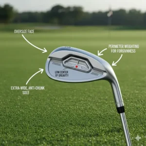 Diagram showing the features of a high handicap wedge including a large clubface and perimeter weighting.