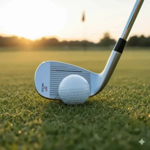 The top-down view of a lob wedge behind a golf ball at address, showing the clubhead shape and alignment.