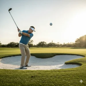 A golfer using a 60-degree lob wedge to hit a high-arching flop shot over a greenside bunker.