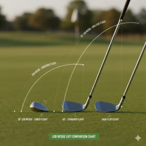 An illustration comparing the launch angles and trajectories of 58, 60, and 64-degree lob wedges.