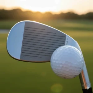 Detailed view of the micro-milled grooves on a lob wedge face designed for maximum greenside spin.