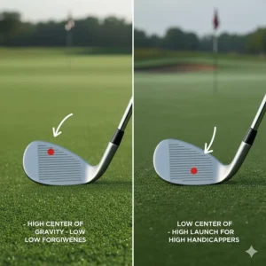 Diagram highlighting the low center of gravity in game-improvement wedges that helps high handicappers launch the ball higher.