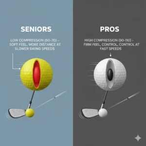 Infographic comparing low compression golf balls for seniors versus high compression balls for pros.