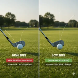 Diagram showing how low-spin golf balls help high handicappers reduce hooks and slices.