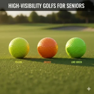 Illustration of yellow, orange, and lime green matte finish golf balls for easier tracking by senior golfers.