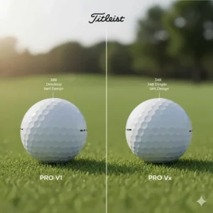 Close-up comparison of the 388-dimple Pro V1 pattern versus the 348-dimple Pro V1x tetrahedral design.