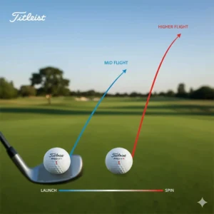 Diagram comparing the mid-flight trajectory of Titleist Pro V1 versus the higher flight path of Pro V1x.