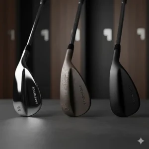 Three sand wedges in different finishes including chrome, raw steel, and black matte.