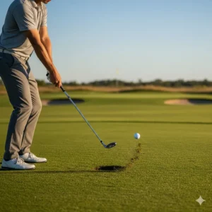 A golfer hitting a full shot with a sand wedge from the fairway showing proper turf interaction.