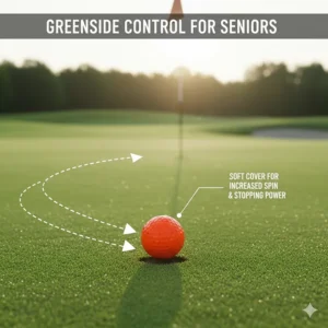 Illustration of a golf ball landing on a green, highlighting spin and control features for senior players.